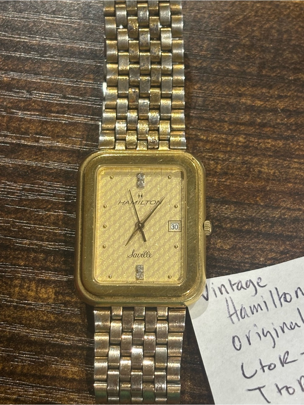Hamilton Saville Gold Tone Rectangular Dress Watch with Quilted Dial